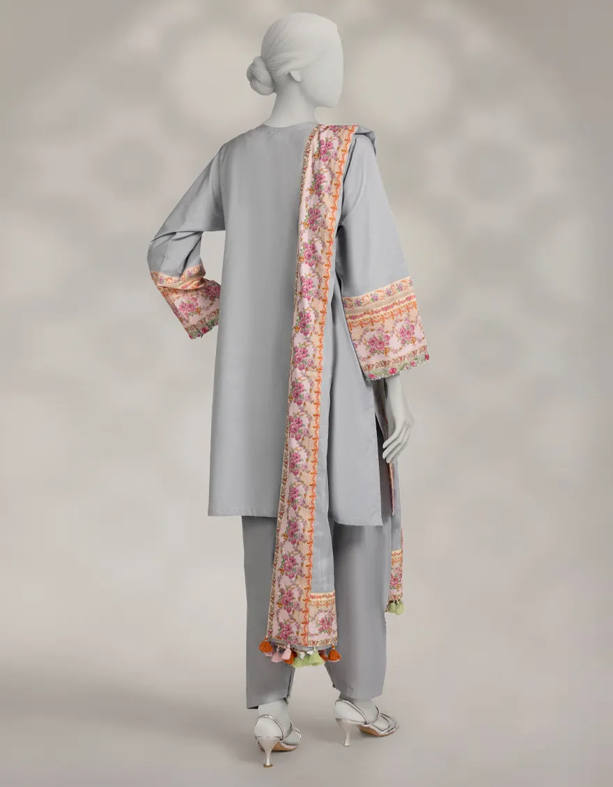 GREY DOBBY 3PC STITCHED | JLAWN-W-25-320/S VINTAGE FLORAL-04 - Image 2