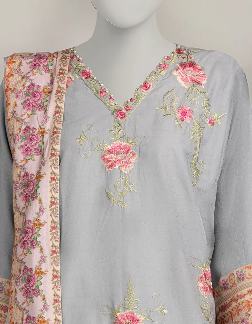 GREY DOBBY 3PC STITCHED | JLAWN-W-25-320/S VINTAGE FLORAL-04 - Image 3