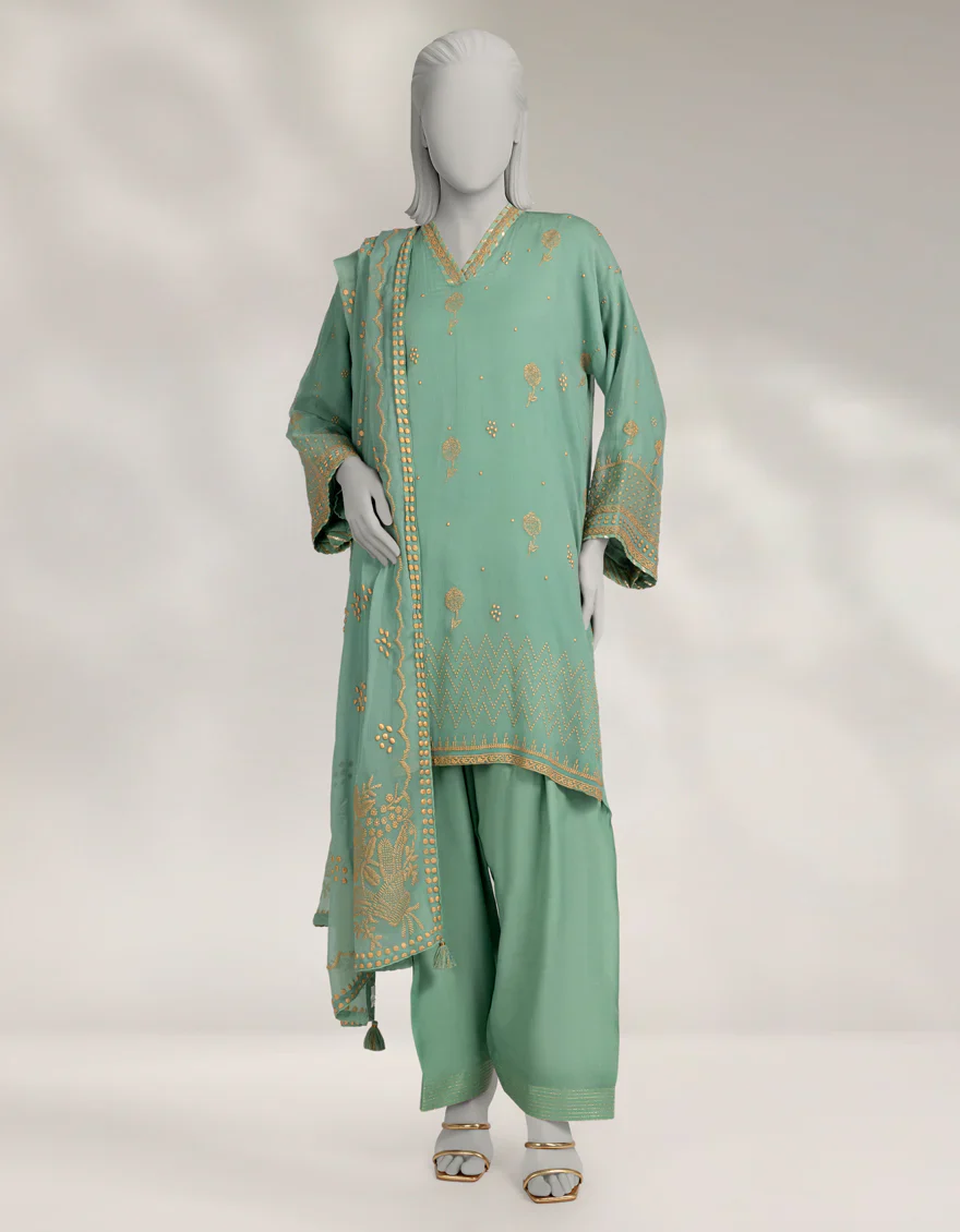 GREEN IMPURE CHIFFON 3PC STITCHED | JLAWN-W-25-322/S KAMDANI-02