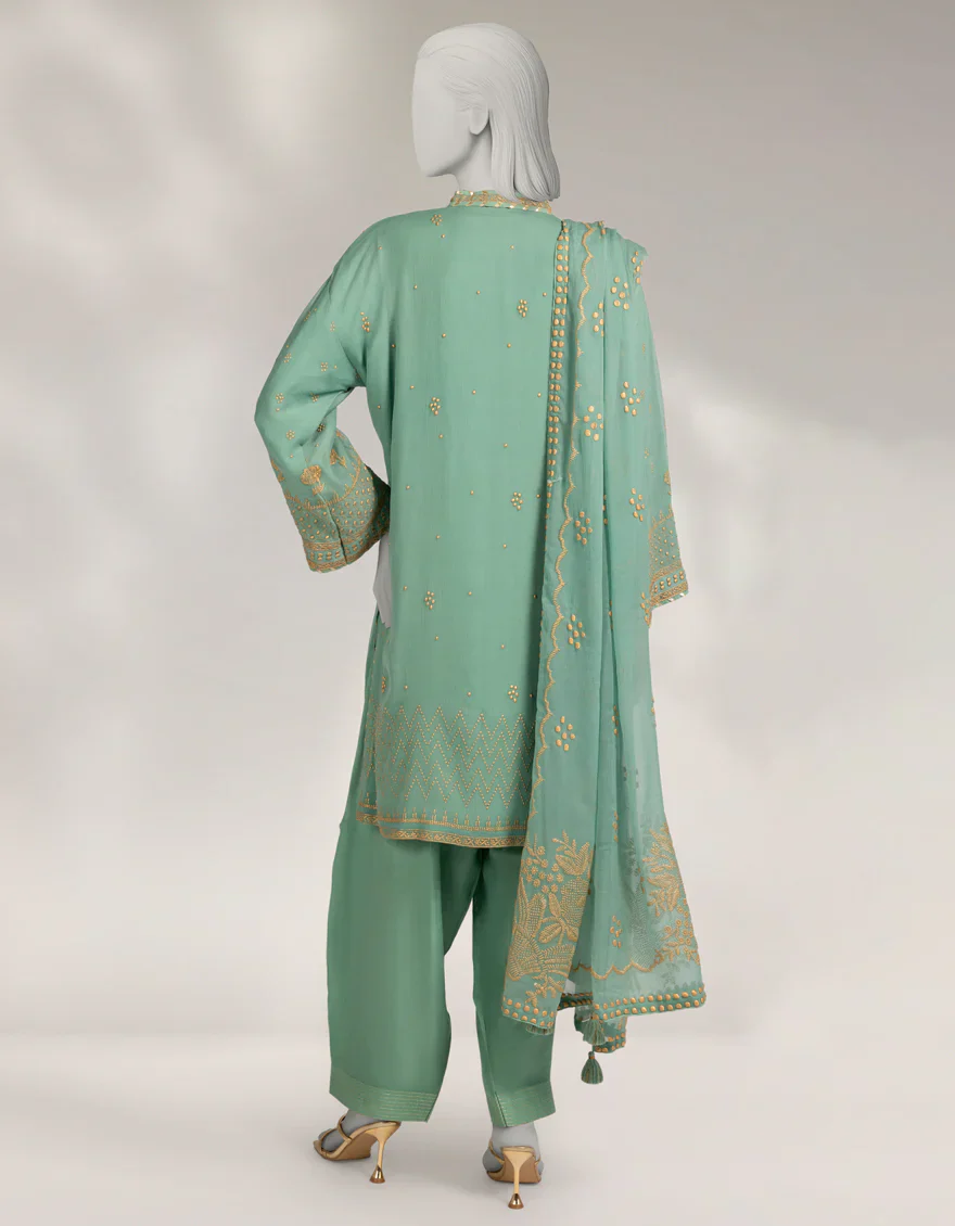 GREEN IMPURE CHIFFON 3PC STITCHED | JLAWN-W-25-322/S KAMDANI-02 - Image 2