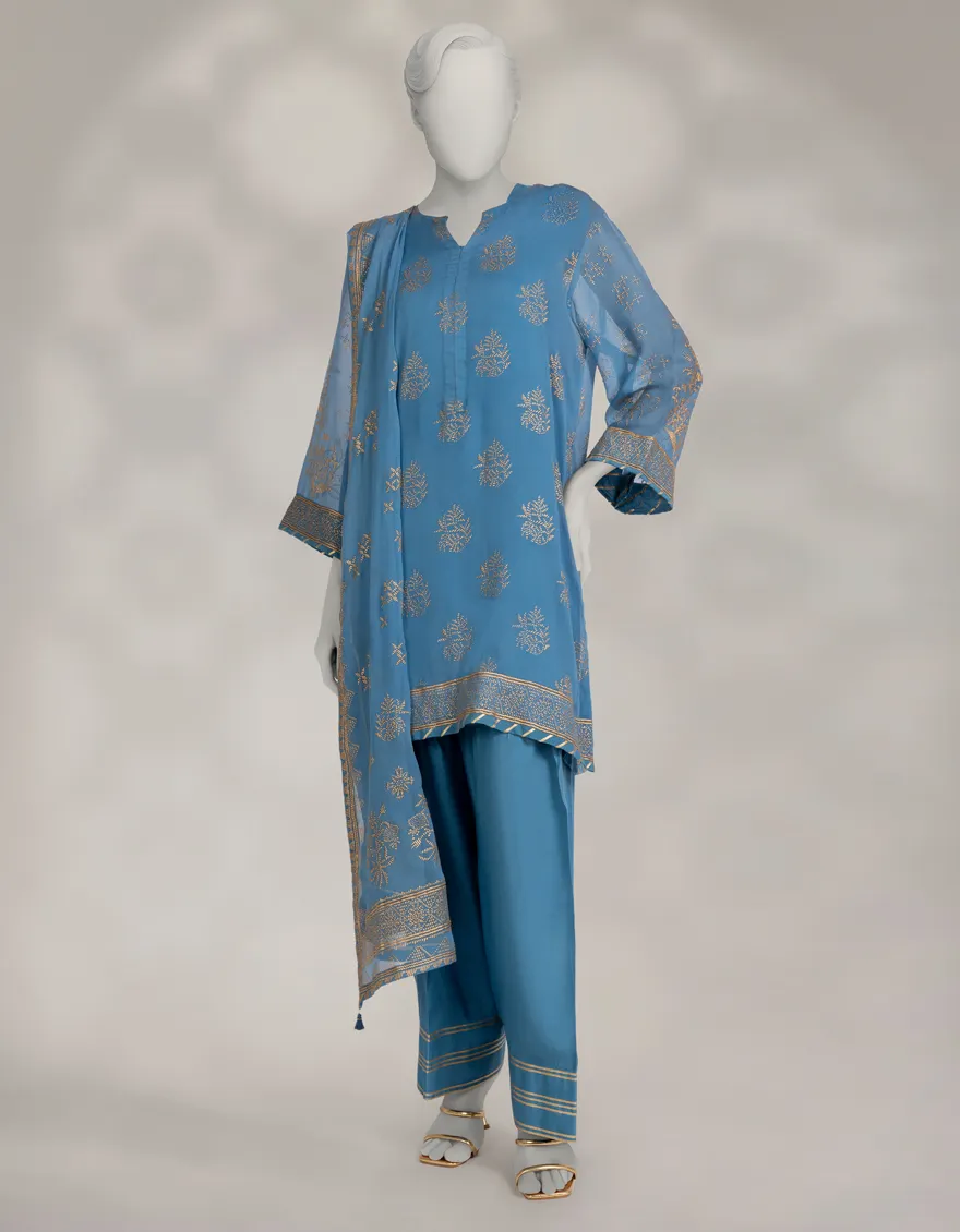 BLUE IMPURE CHIFFON 3PC STITCHED | JLAWN-W-25-323/S KAMDANI-03