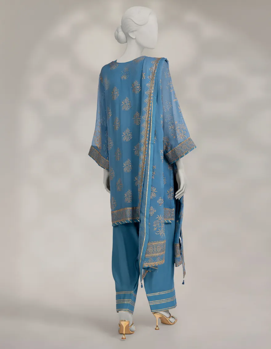 BLUE IMPURE CHIFFON 3PC STITCHED | JLAWN-W-25-323/S KAMDANI-03 - Image 2
