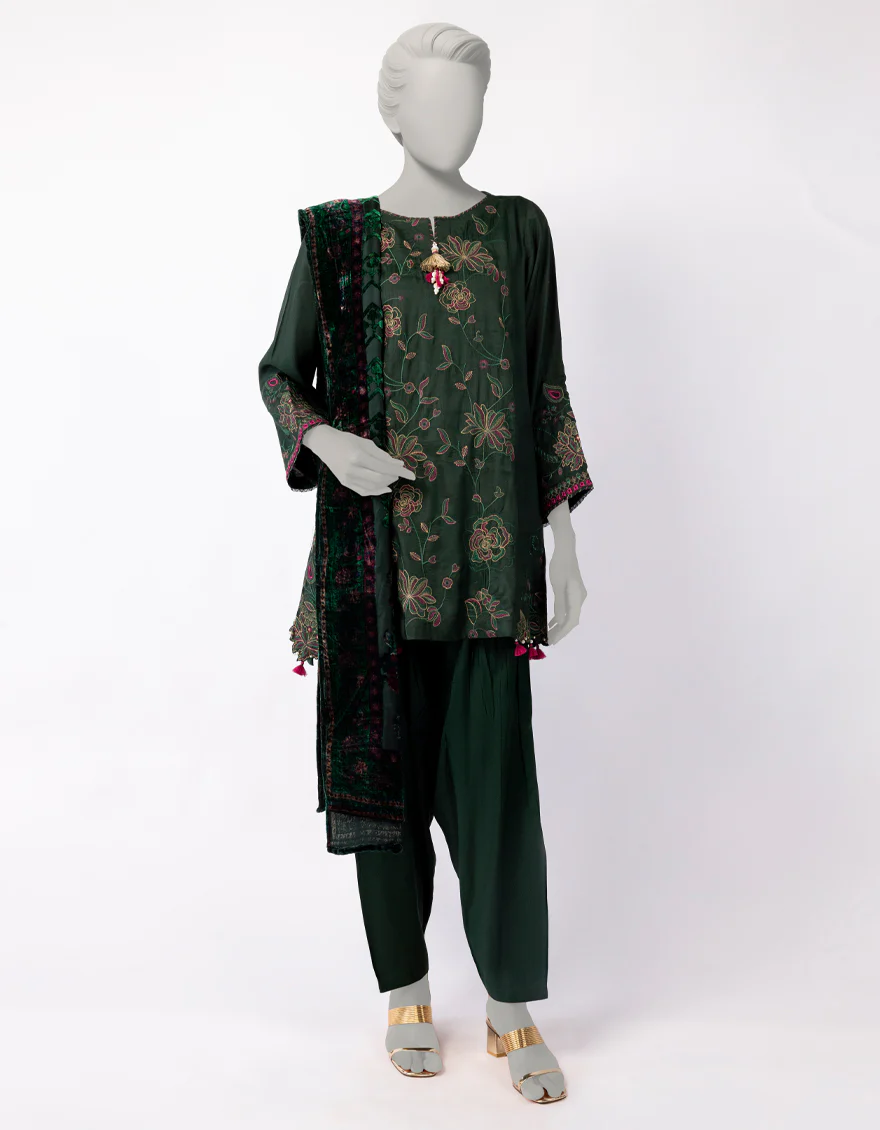 GREEN MAPLE SILK 3PC STITCHED | JLAWN-W-25-340/S BOLD PALACHI-04