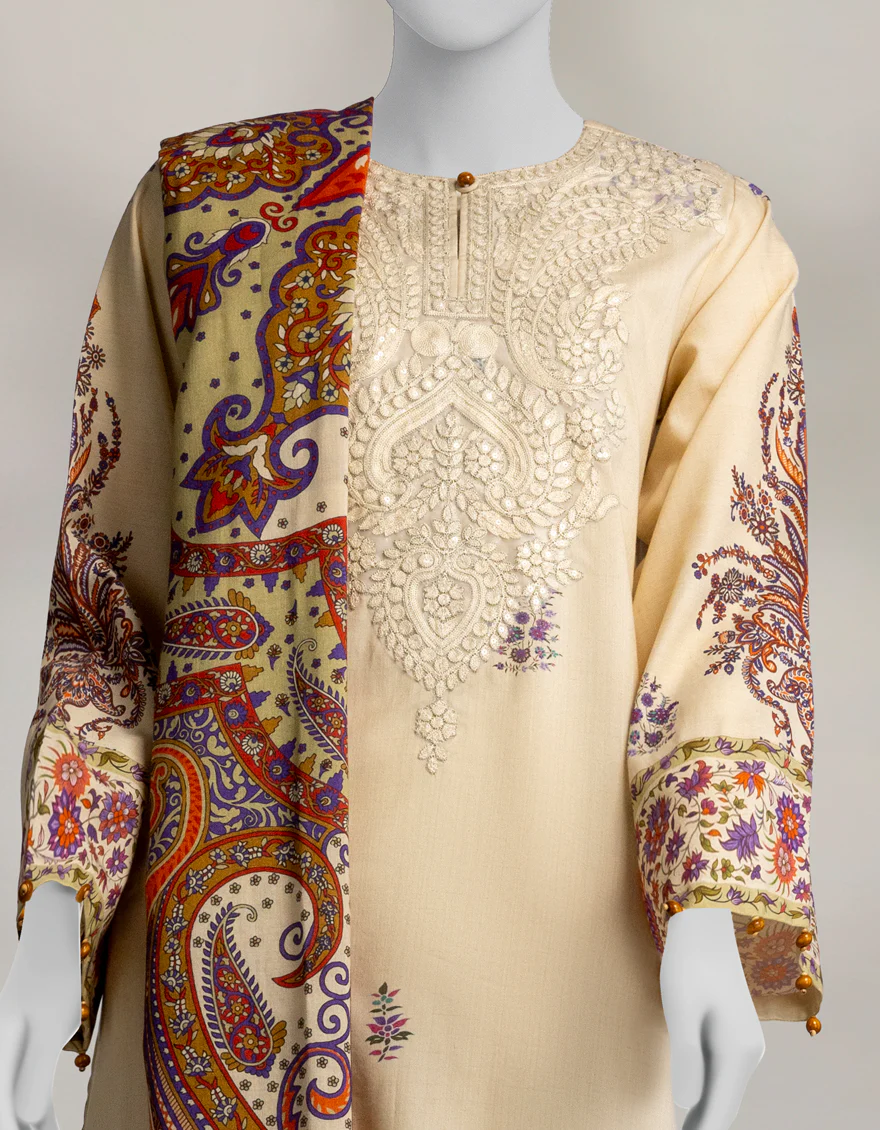 OFF WHITE PASHMINA 3PC UNSTITCHED | JLAWN-W-25-3602 KANI PASHMINA-4 - Image 3