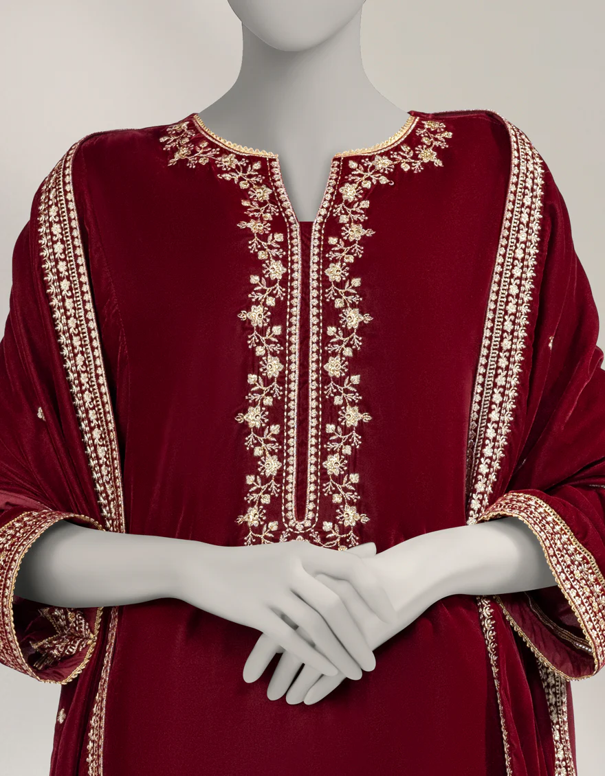 MAROON VELVET 3PC UNSTITCHED | JLAWN-W-25-3624 LUXE-C-2 - Image 3