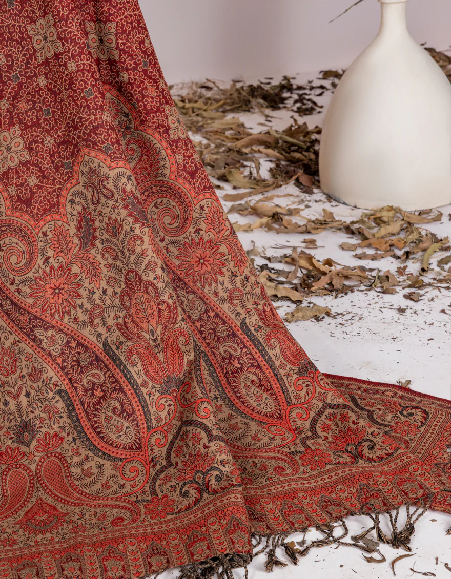 BEIGE-RED JACQUARD SHAWL | JSH-SHW-US-22-074 FB/JACQUARD SAWATI SHAWL
