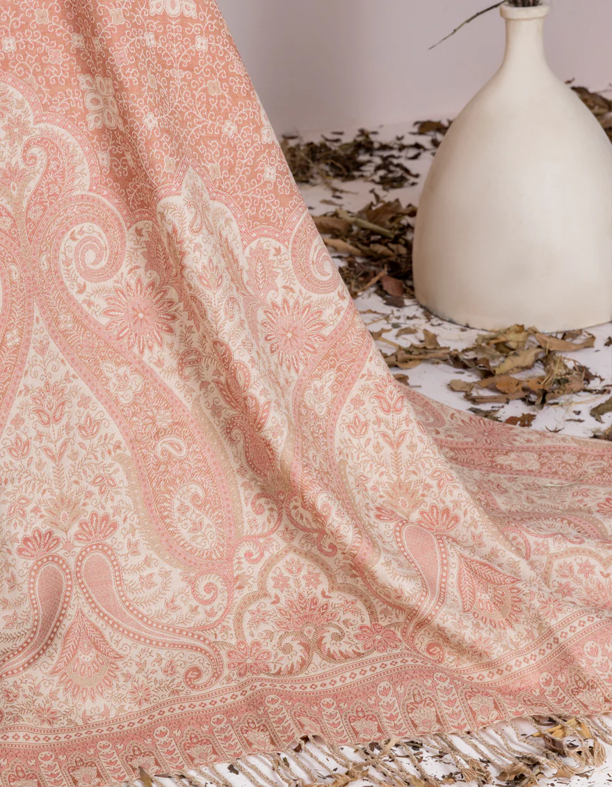 BEIGE-PINK JACQUARD SHAWL | JSH-SHW-US-22-077 FB/JACQUARD SAWATI SHAWL