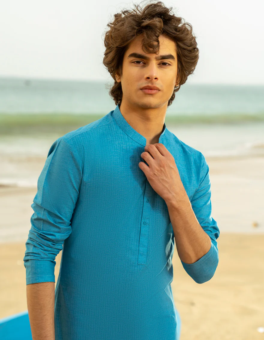 TURQUOISE BLUE BLENDED KURTA | JTK-A-34978/S25/JJ9349-CL - Image 2