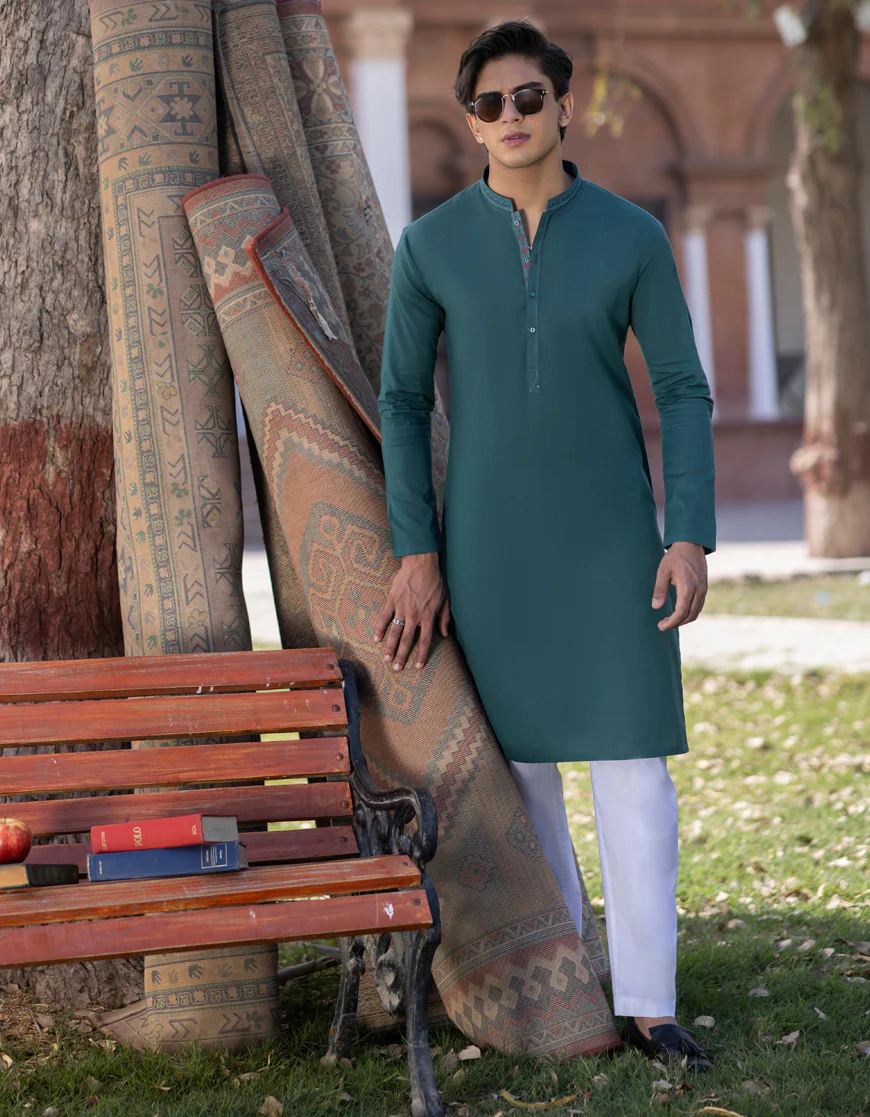 BOTTLE GREEN COTTON KURTA | JTK-A-US-41240/S23/JJ7636-CL - Image 3