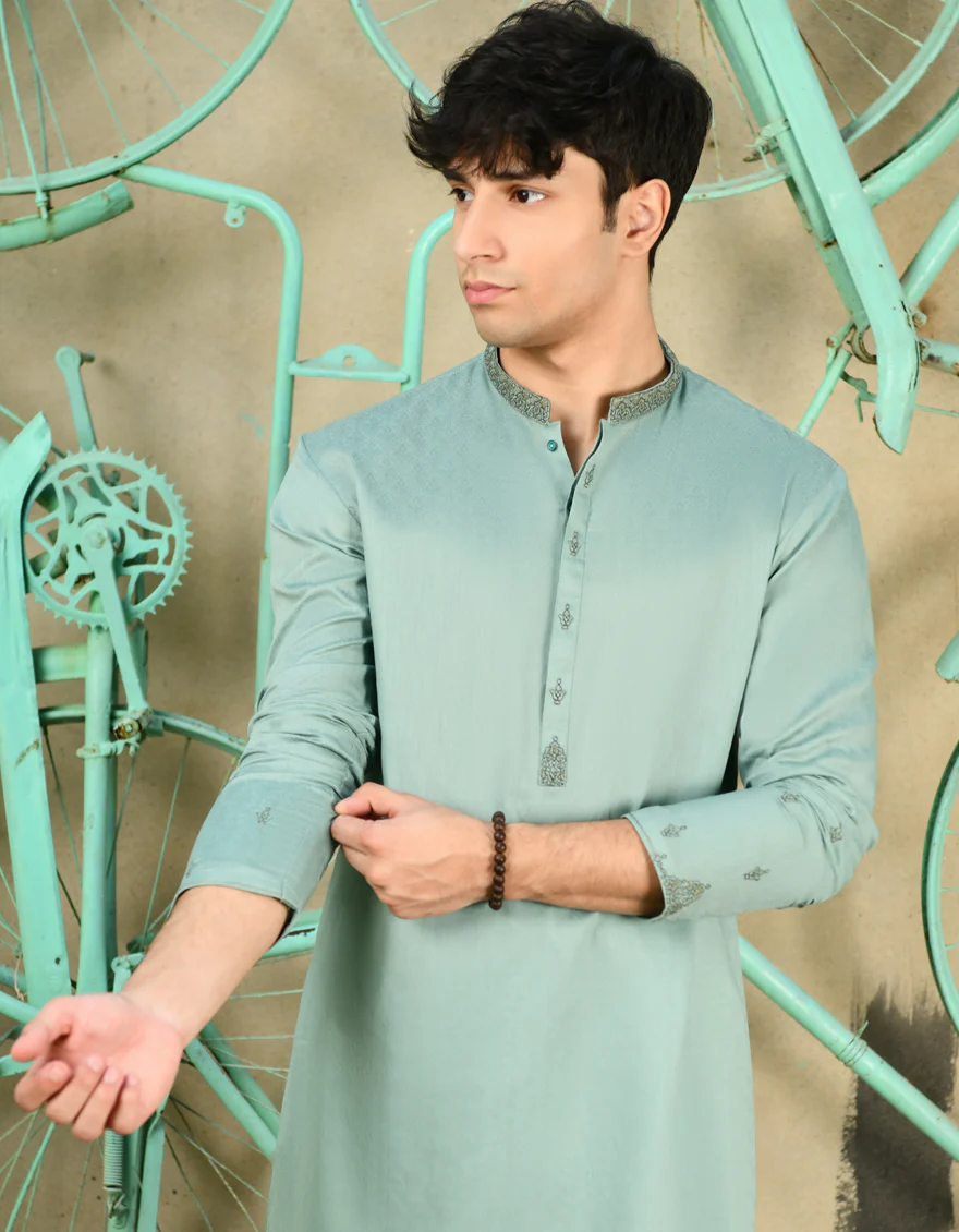 GREEN COTTON KURTA | JTK-S-46239/S24/JJ9074-FL - Image 2