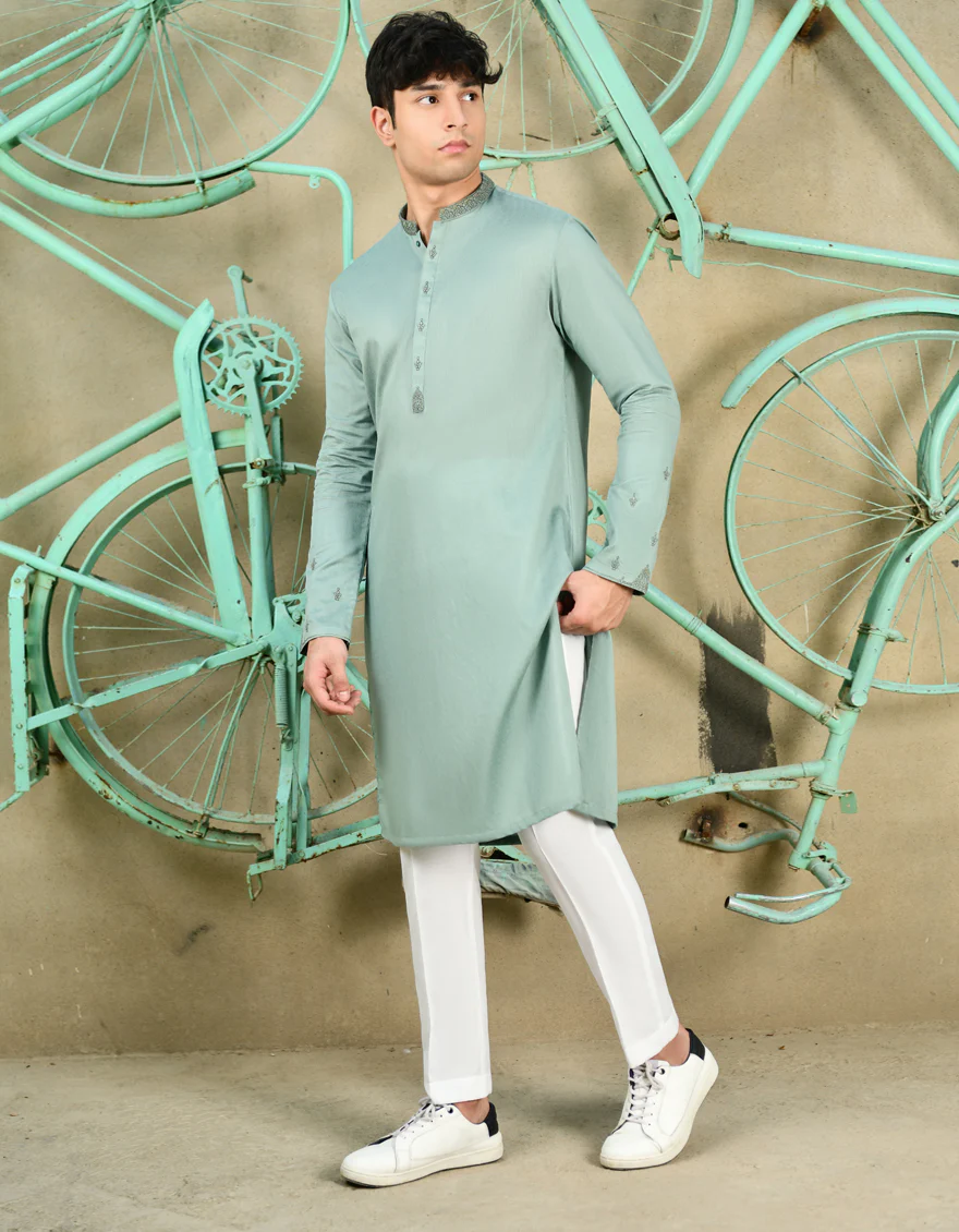 GREEN COTTON KURTA | JTK-S-46239/S24/JJ9074-FL - Image 3