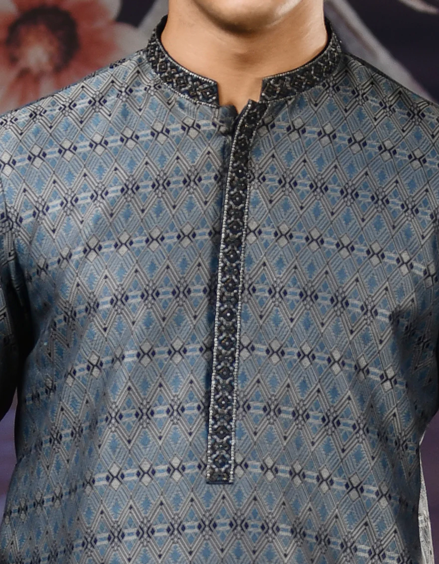 BLUE & GREY JAMAWAR KURTA | JTK-SP-US-35830/S22/JJ7294-FL - Image 2
