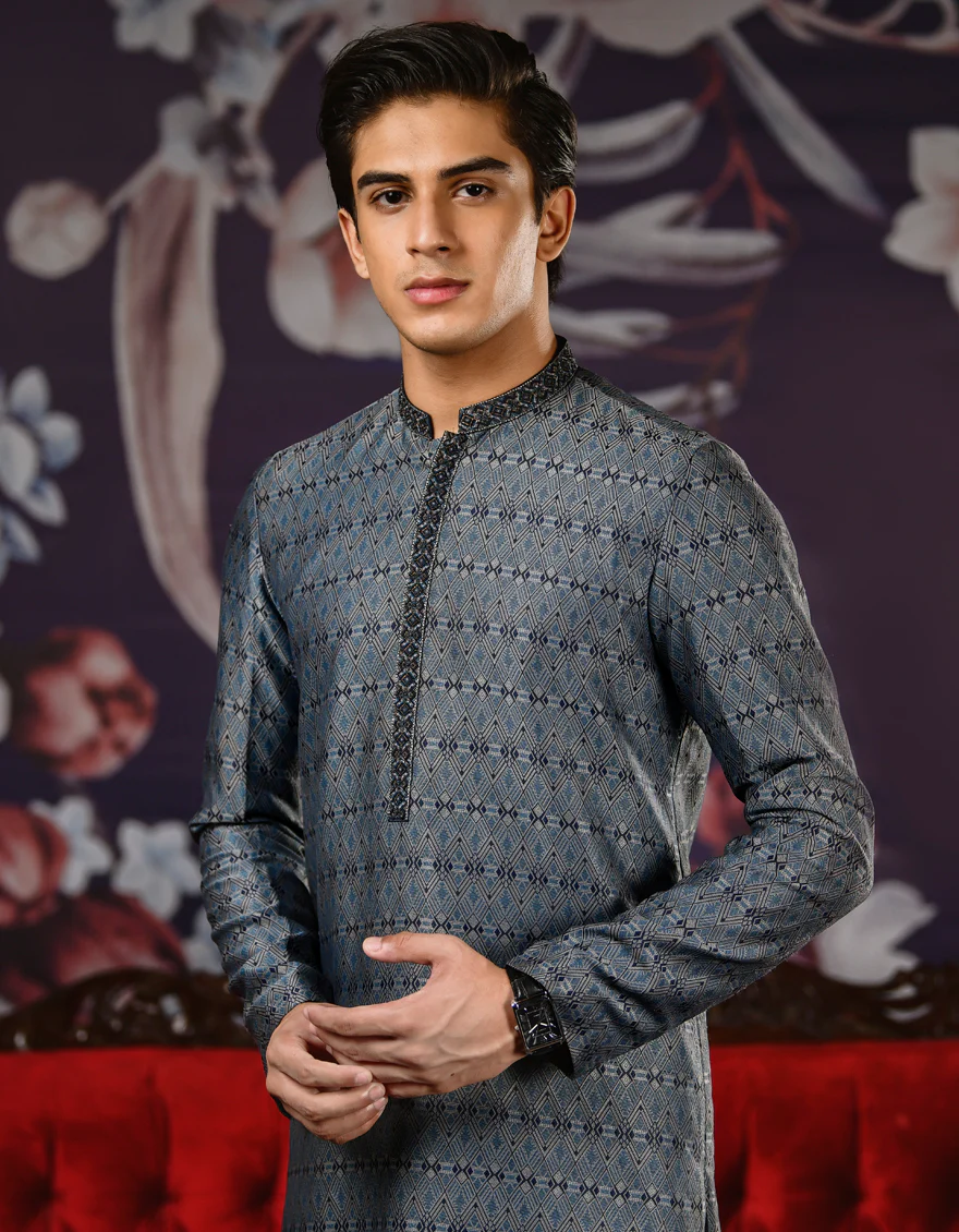 BLUE & GREY JAMAWAR KURTA | JTK-SP-US-35830/S22/JJ7294-FL - Image 3