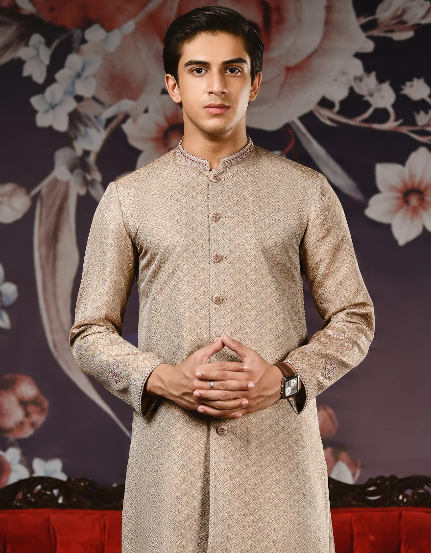 BEIGE JAMAWAR KURTA | JTK-SP-US-35893/S22/JJ8201-FL - Image 3