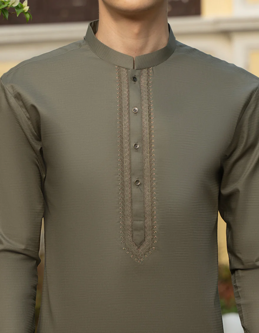 OLIVE COTTON KURTA TROUSERS | JTKP-S-US-38748/S23/JJ8805-SF - Image 2