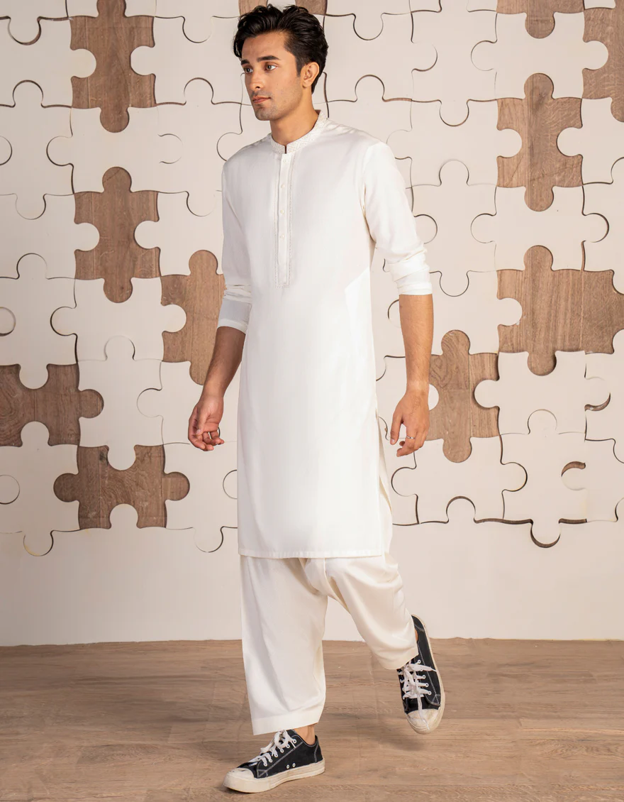 OFF WHITE BLENDED KAMEEZ SHALWAR | JTKS-A-34897/S24/JJ9427-FL - Image 2