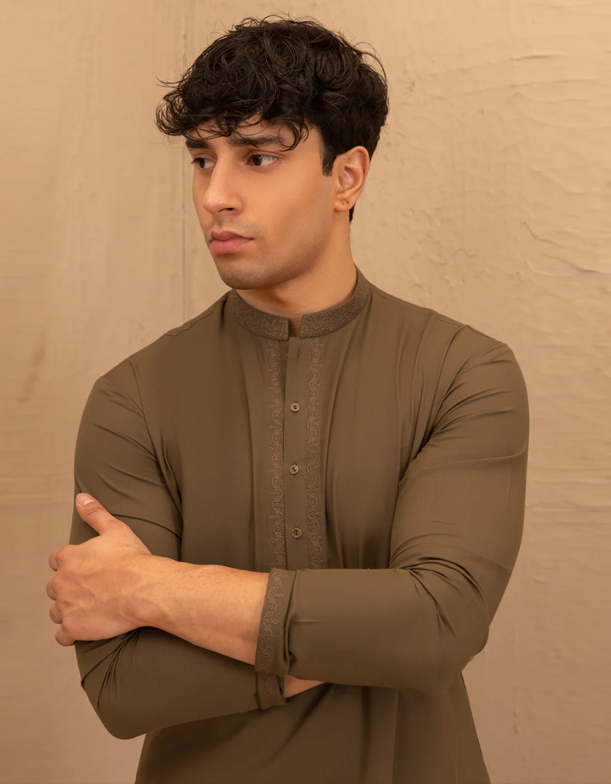 OLIVE GREEN BLENDED KAMEEZ SHALWAR | JTKS-A-46758/S25/JJ9841-SF - Image 2