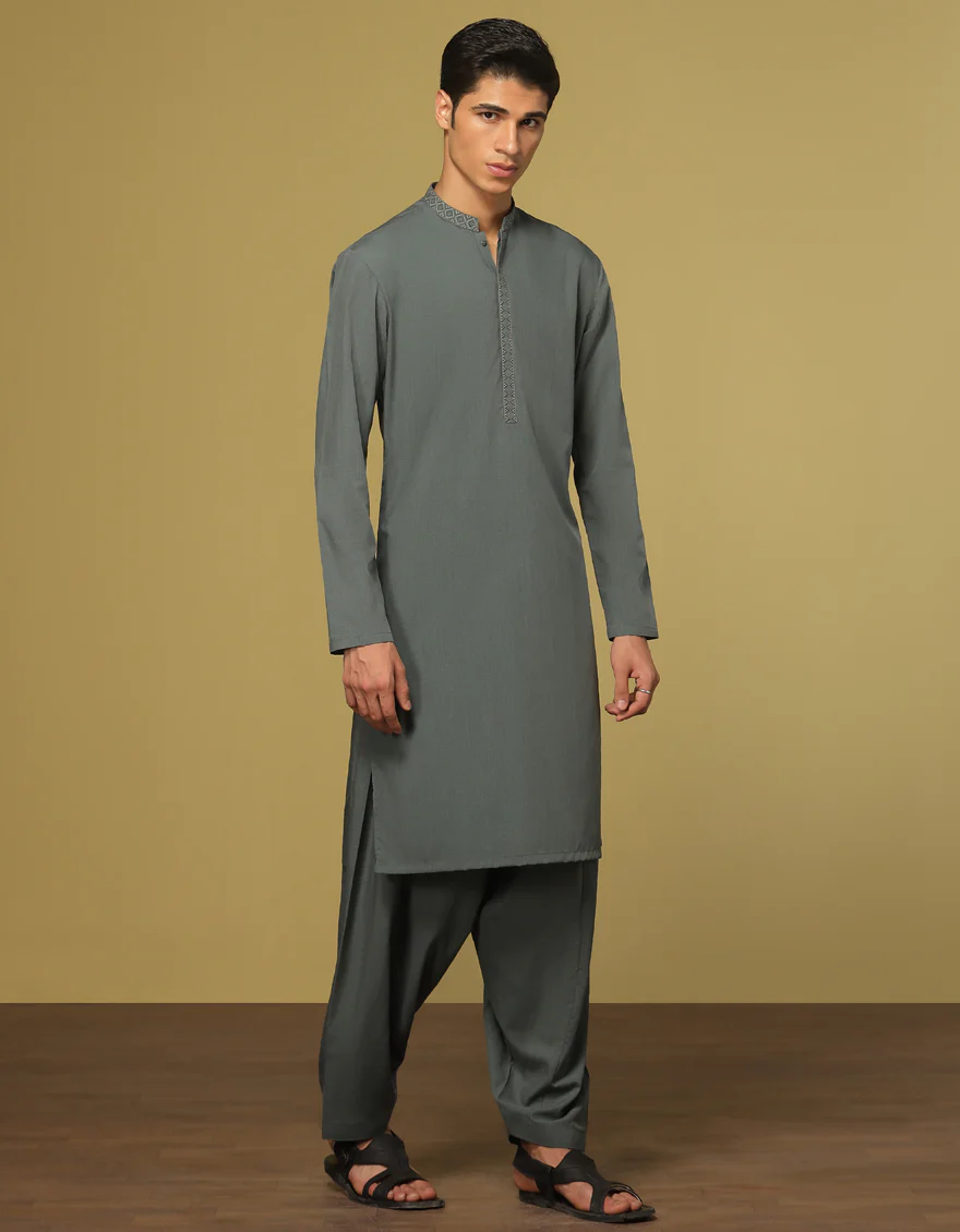 DULL GREEN BLENDED KAMEEZ SHALWAR | JTKS-S-US-41160/A22/JJ8179-SF