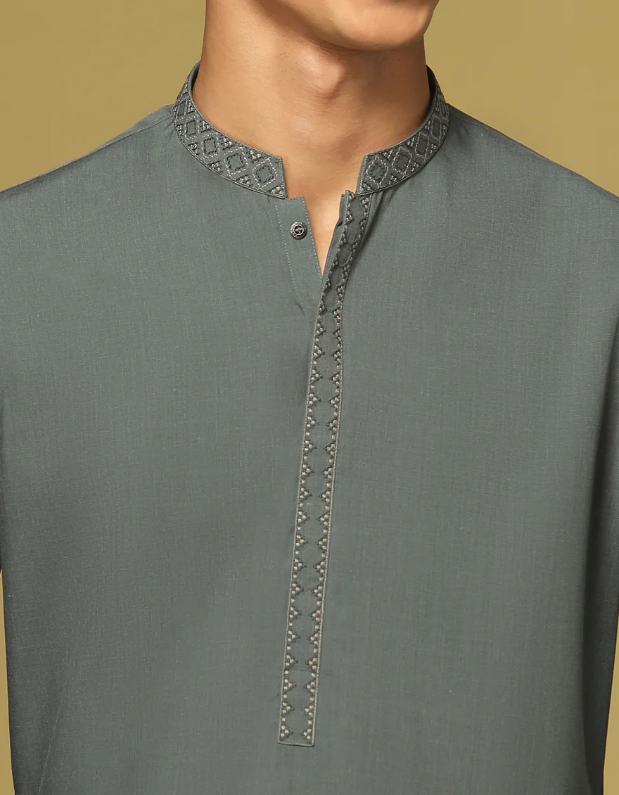 DULL GREEN BLENDED KAMEEZ SHALWAR | JTKS-S-US-41160/A22/JJ8179-SF - Image 2