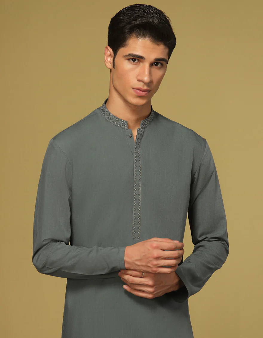 DULL GREEN BLENDED KAMEEZ SHALWAR | JTKS-S-US-41160/A22/JJ8179-SF - Image 3