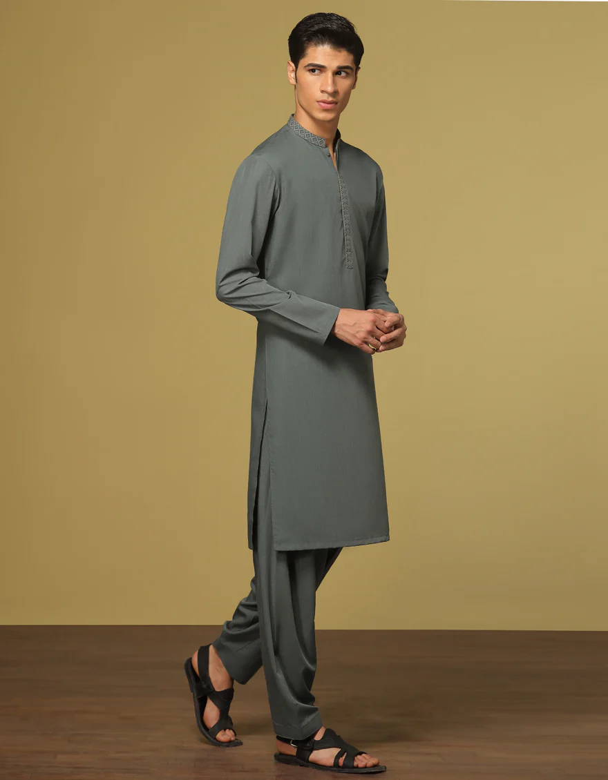DULL GREEN BLENDED KAMEEZ SHALWAR | JTKS-S-US-41160/A22/JJ8179-SF - Image 4