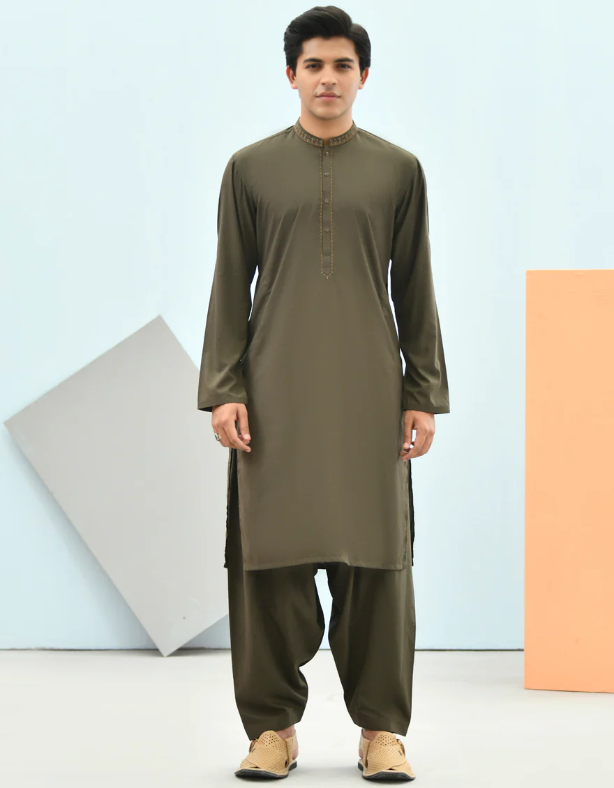 ARMY GREEN BLENDED KAMEEZ SHALWAR | JTKS-US-43159/A22/JJ8272-SF