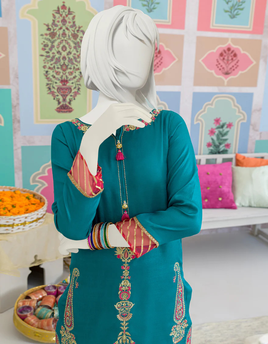 TEAL SILK KURTI | JYGK-S-JJTK-US-23-077 FB/TUSAR SILK - Image 3