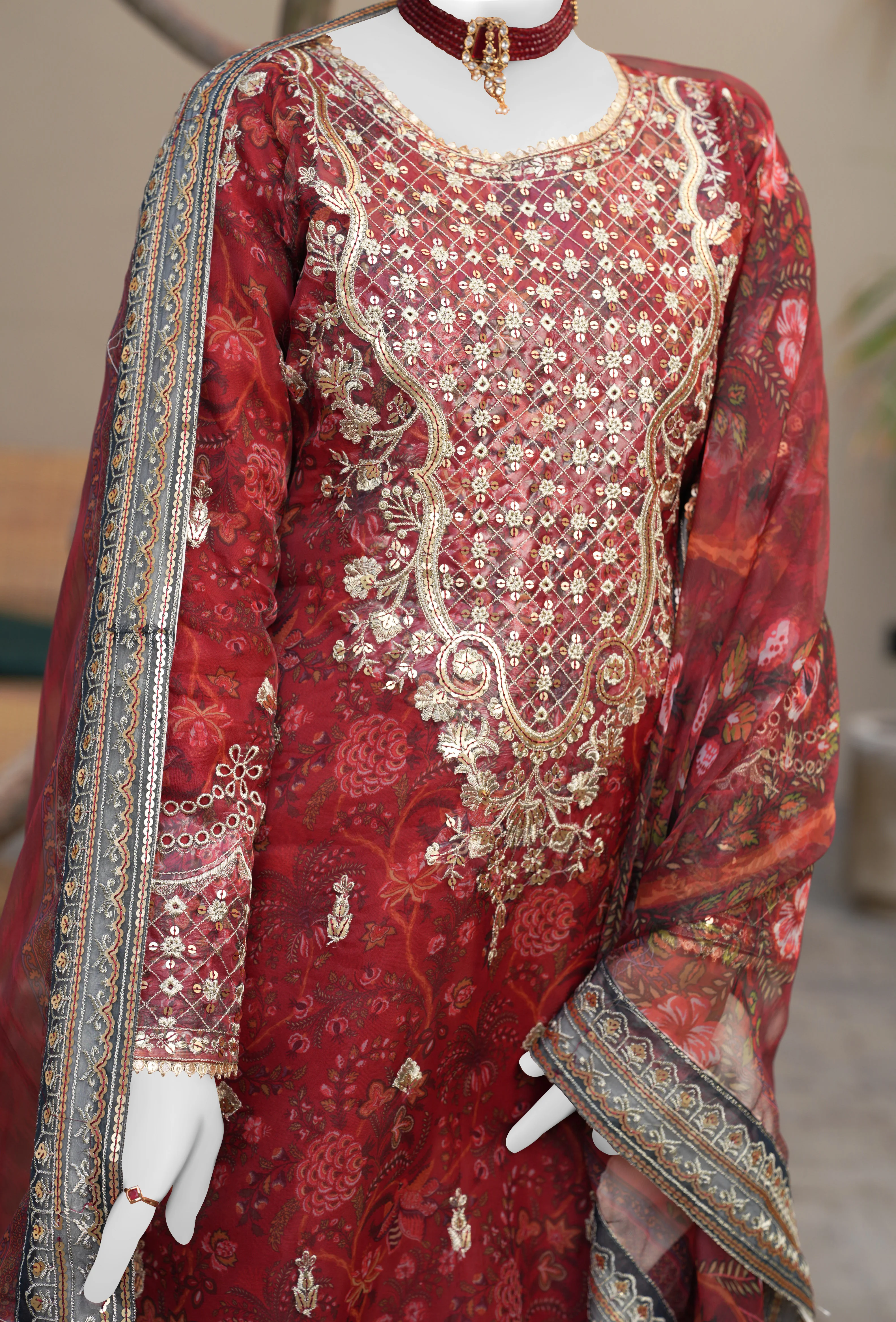 RED ORGANZA 3PC STITCHED | PJPWS-990826 - Image 3