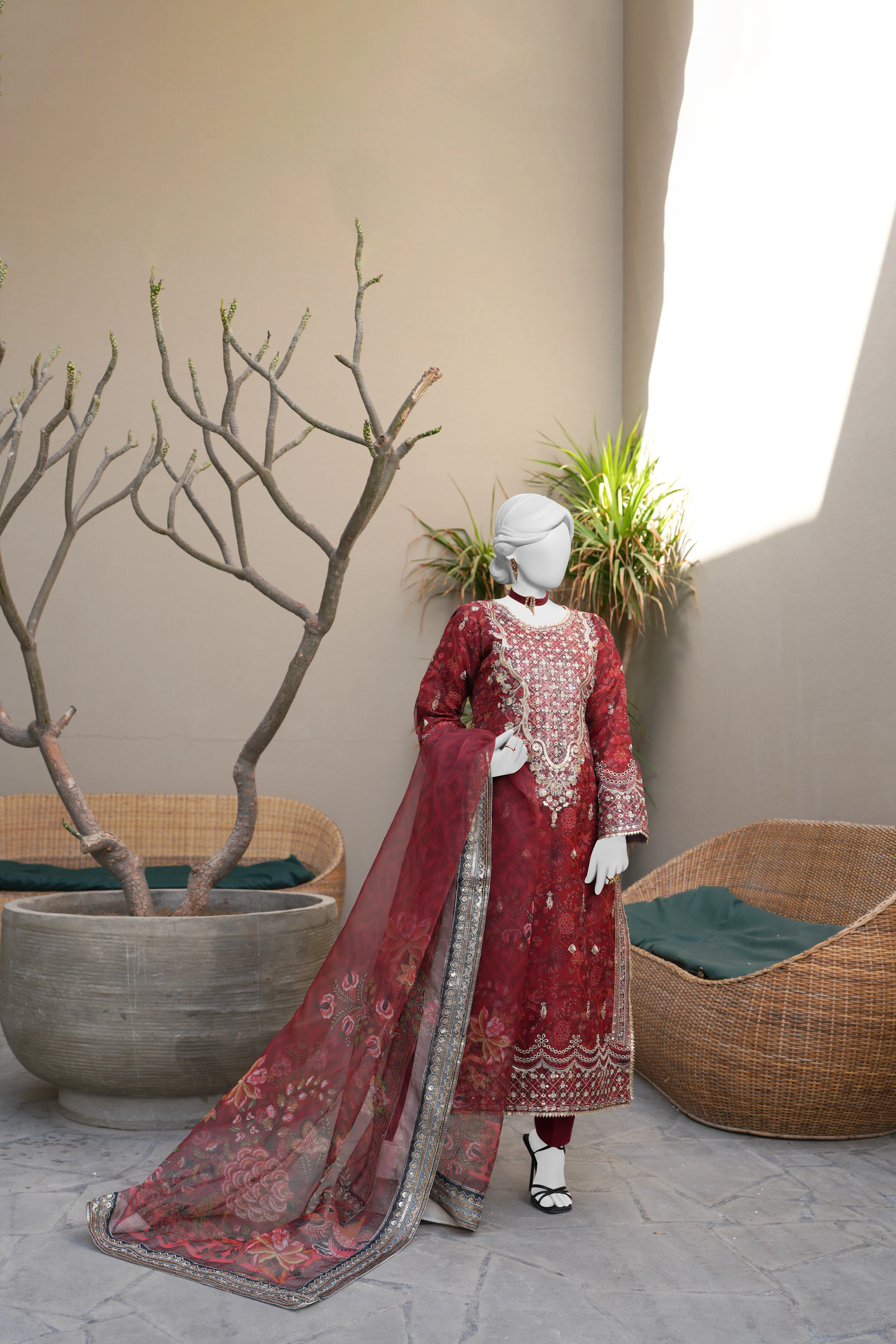 RED ORGANZA 3PC STITCHED | PJPWS-990826 - Image 4