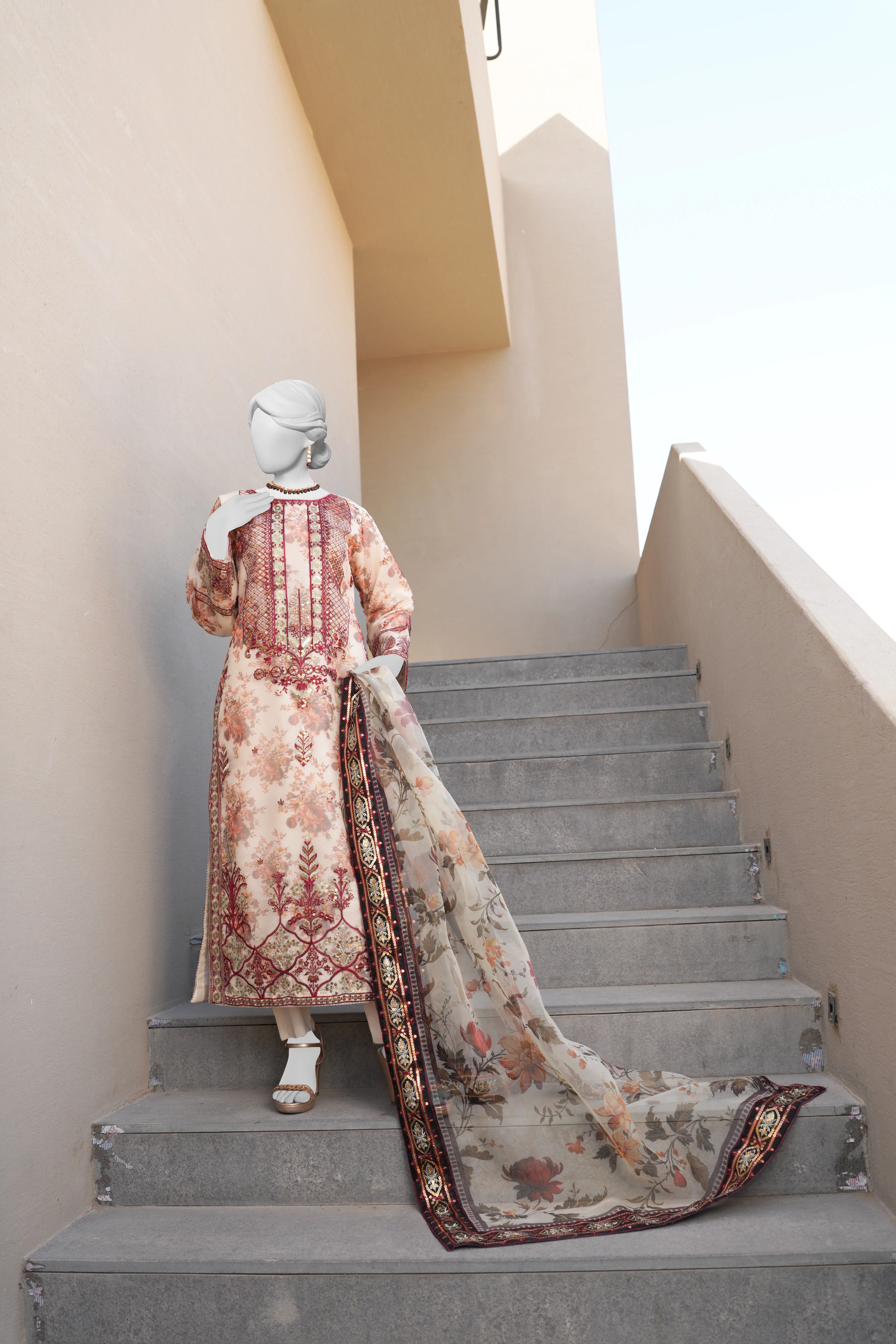 OFF WHITE ORGANZA 3PC STITCHED | PJPWS-990828 - Image 3