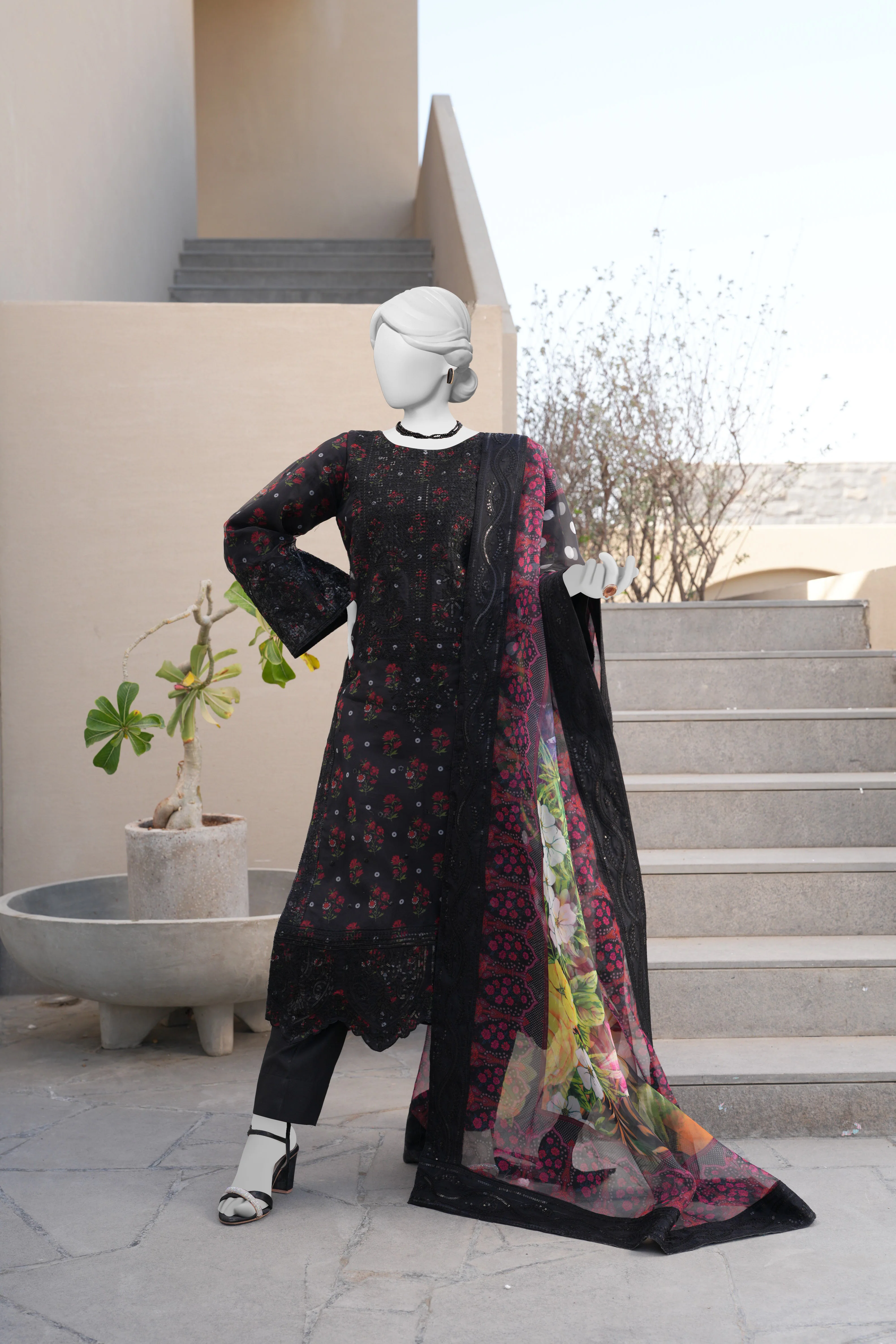 BLACK ORGANZA 3PC STITCHED | PJPWS-990829 - Image 3