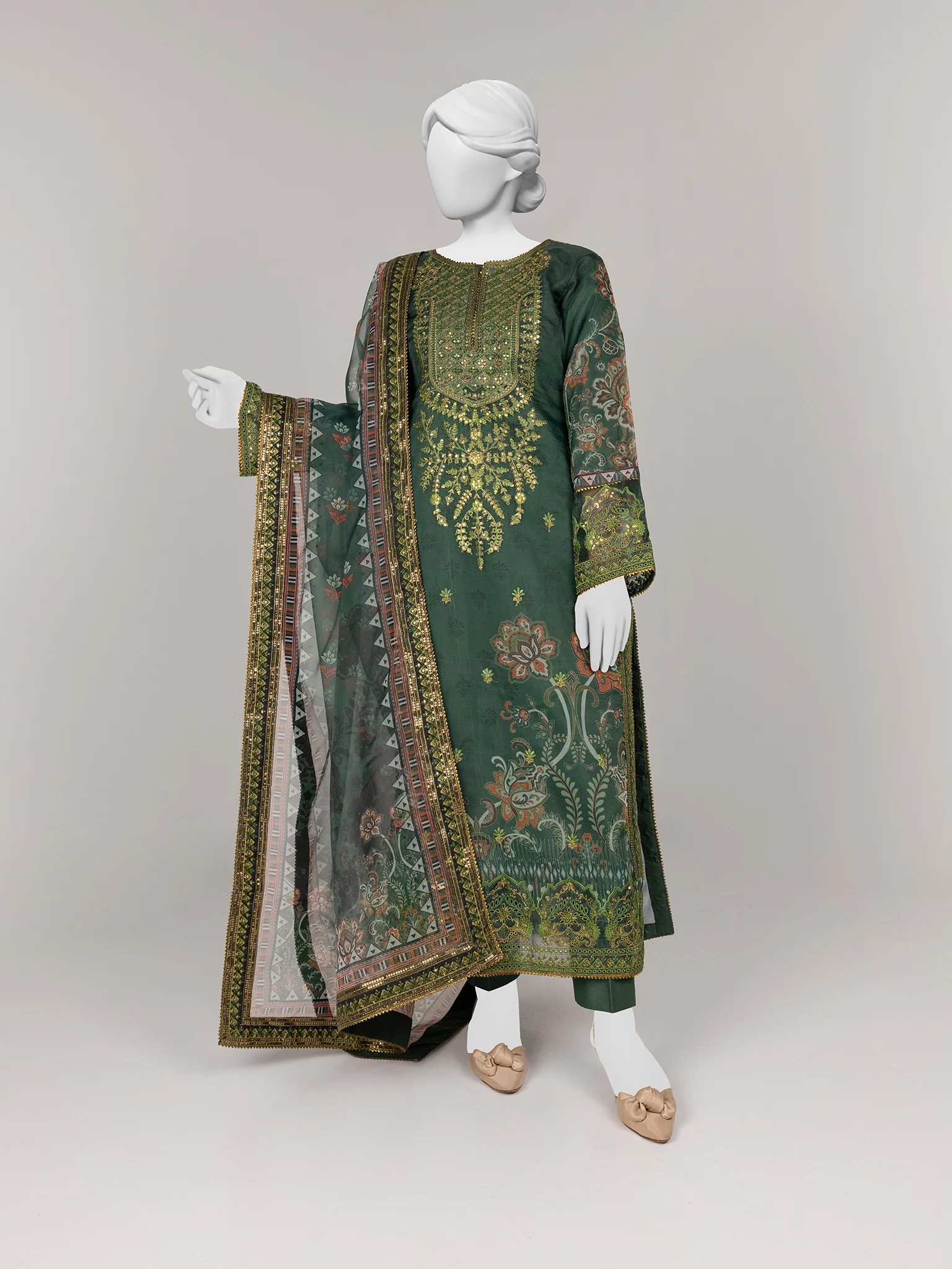 GREEN ORGANZA 3PC STITCHED | PJPWS-990830