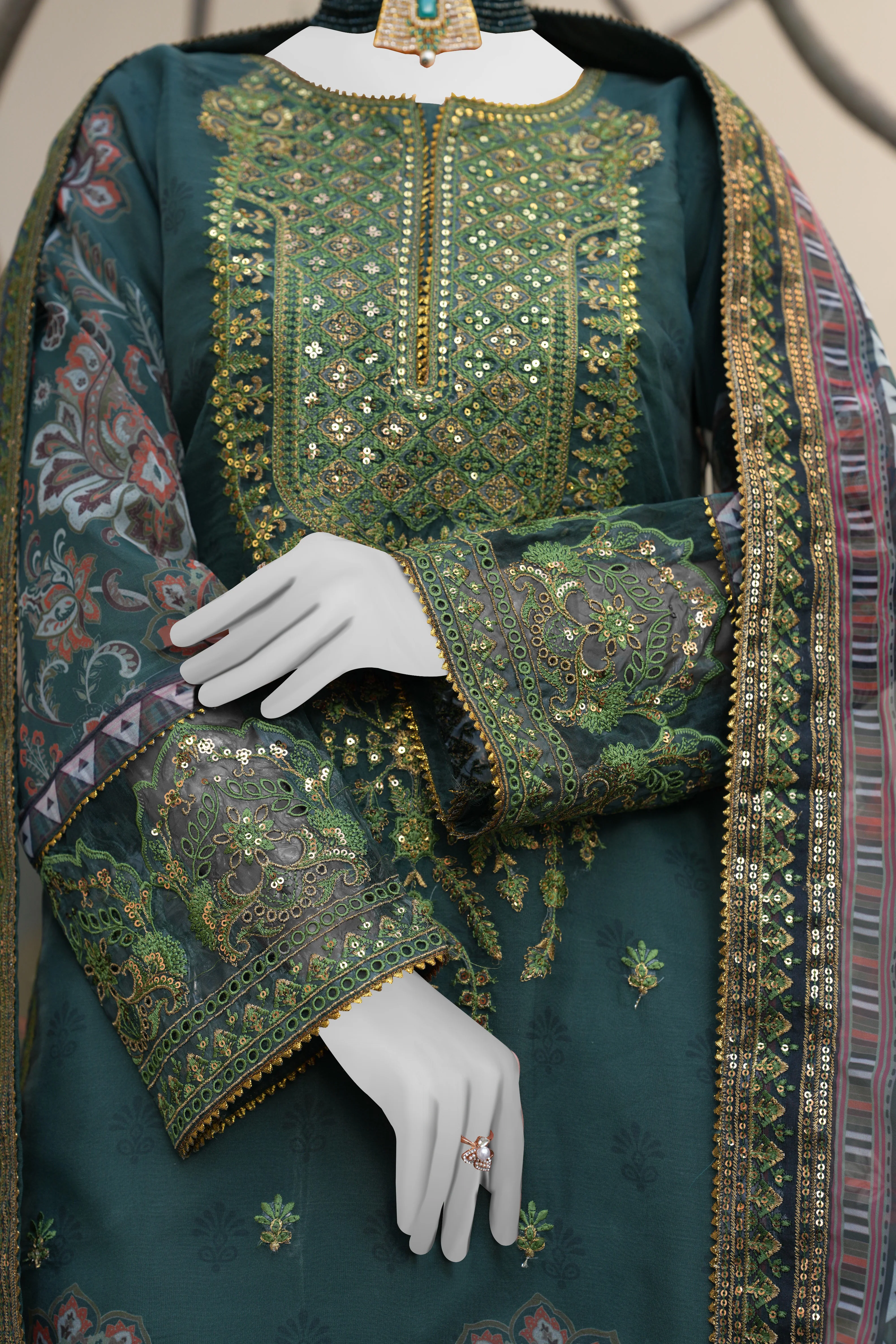 GREEN ORGANZA 3PC STITCHED | PJPWS-990830 - Image 3