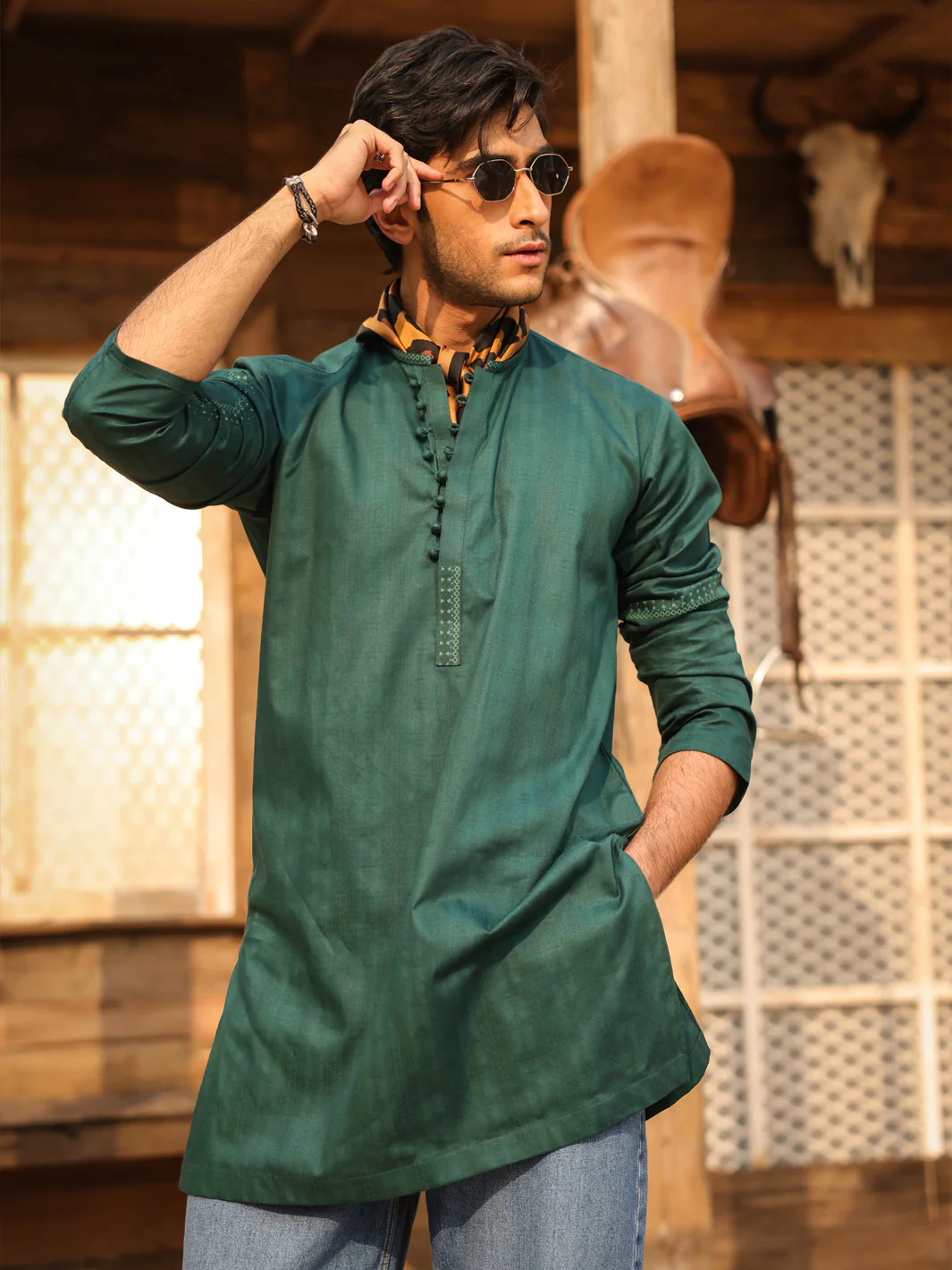 GREEN COTTON KURTA | AL-K-1296/AM-15037A - Image 2