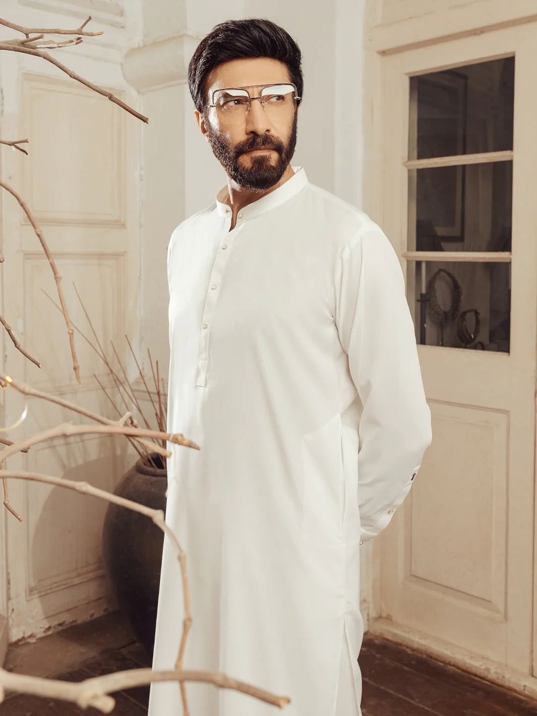 WHITE BLENDED KAMEEZ SHALWAR | ALET-KS-3011/AM-6353A - Image 2
