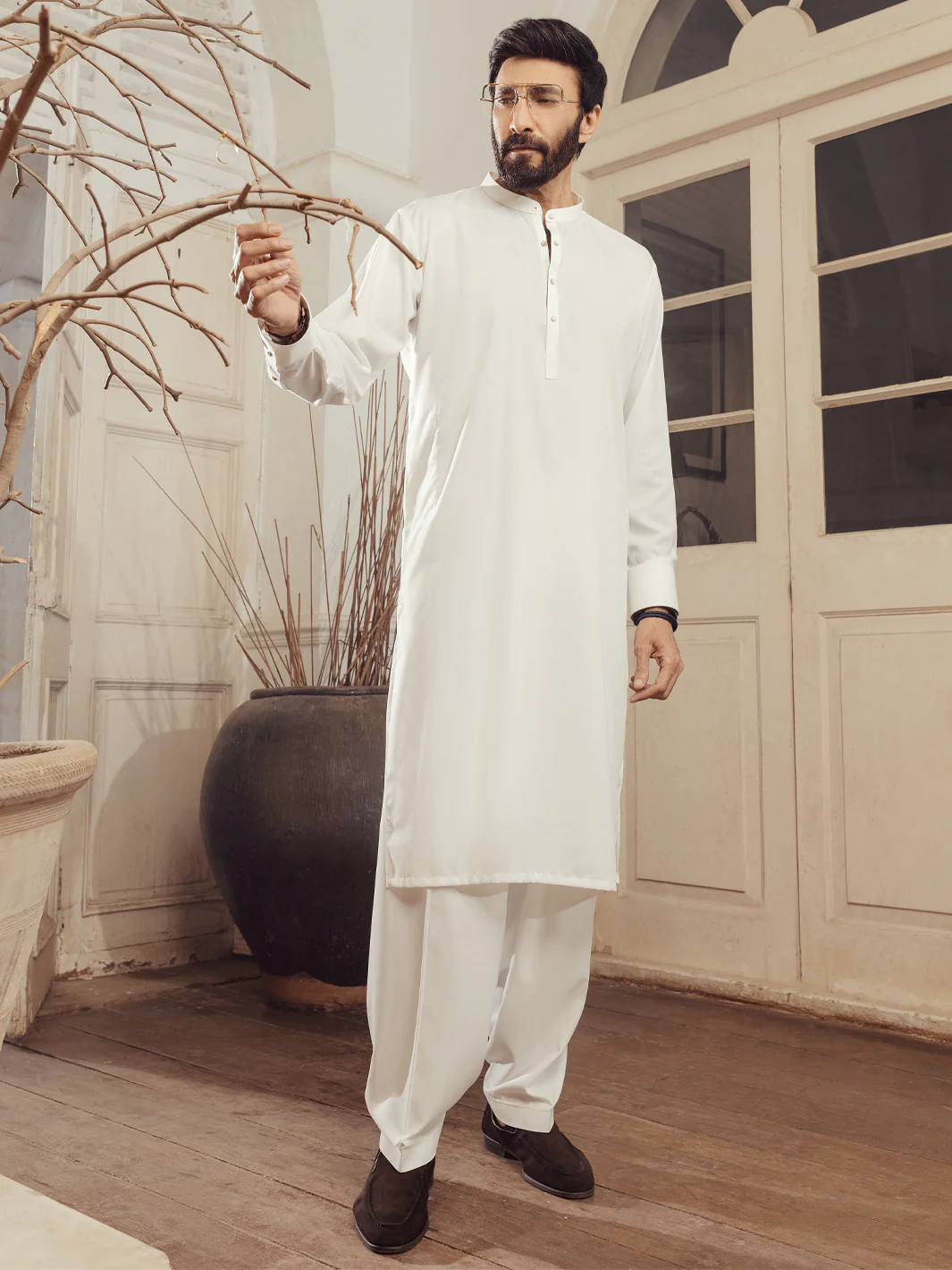 WHITE BLENDED KAMEEZ SHALWAR | ALET-KS-3011/AM-6353A - Image 4