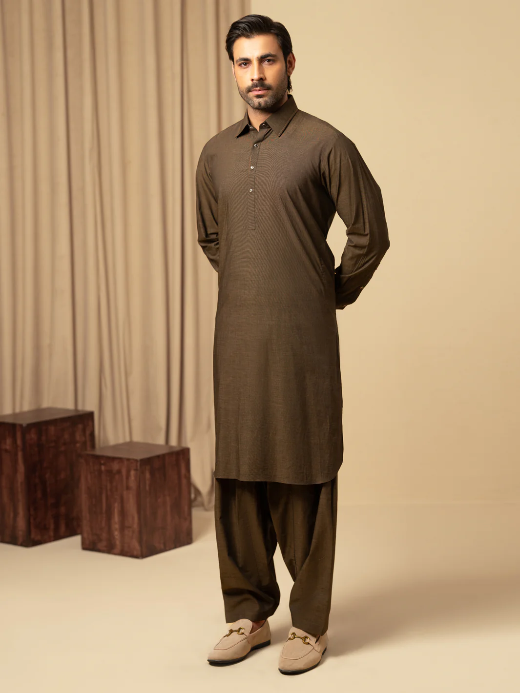DARK BROWN COTTON KAMEEZ SHALWAR | ALWA-KS-585/AM-6345A - Image 5