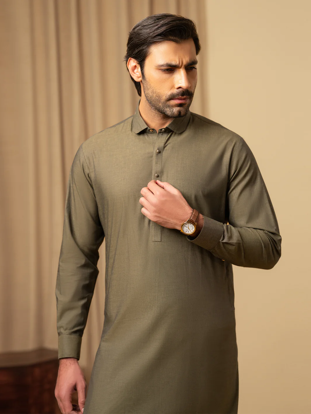 OLIVE GREEN COTTON KAMEEZ SHALWAR | ALWA-KS-598/AM-6344F - Image 2