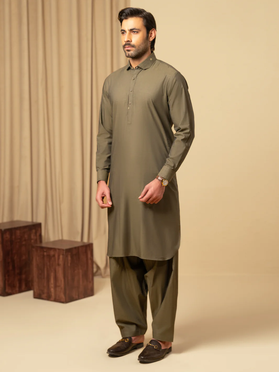 OLIVE GREEN COTTON KAMEEZ SHALWAR | ALWA-KS-598/AM-6344F - Image 5