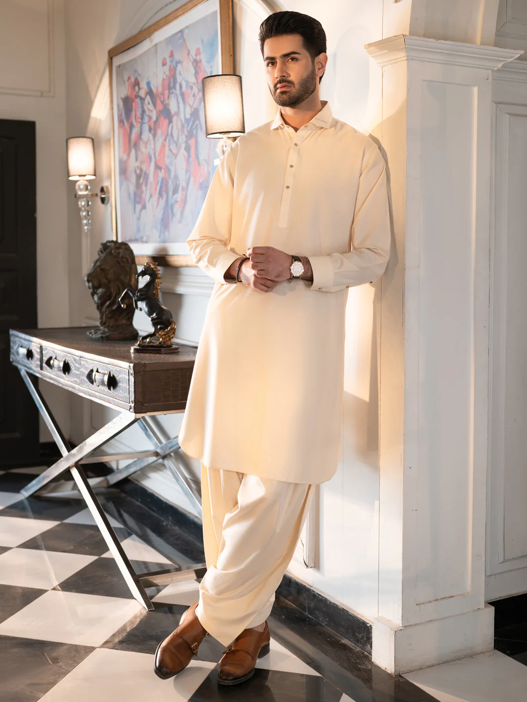 OFF WHITE BLENDED KAMEEZ SHALWAR | ALWA-KS-618/AM-15083B - Image 5