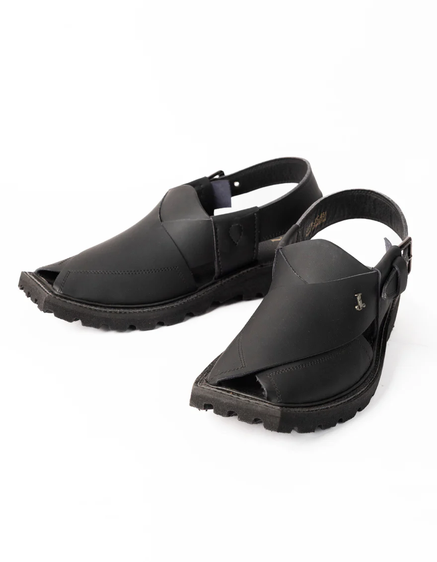 MATT BLACK PLAIN PESHAWARI SANDALS | JJFW-JPC-051-PU/S26-ZA-PLN - Image 2