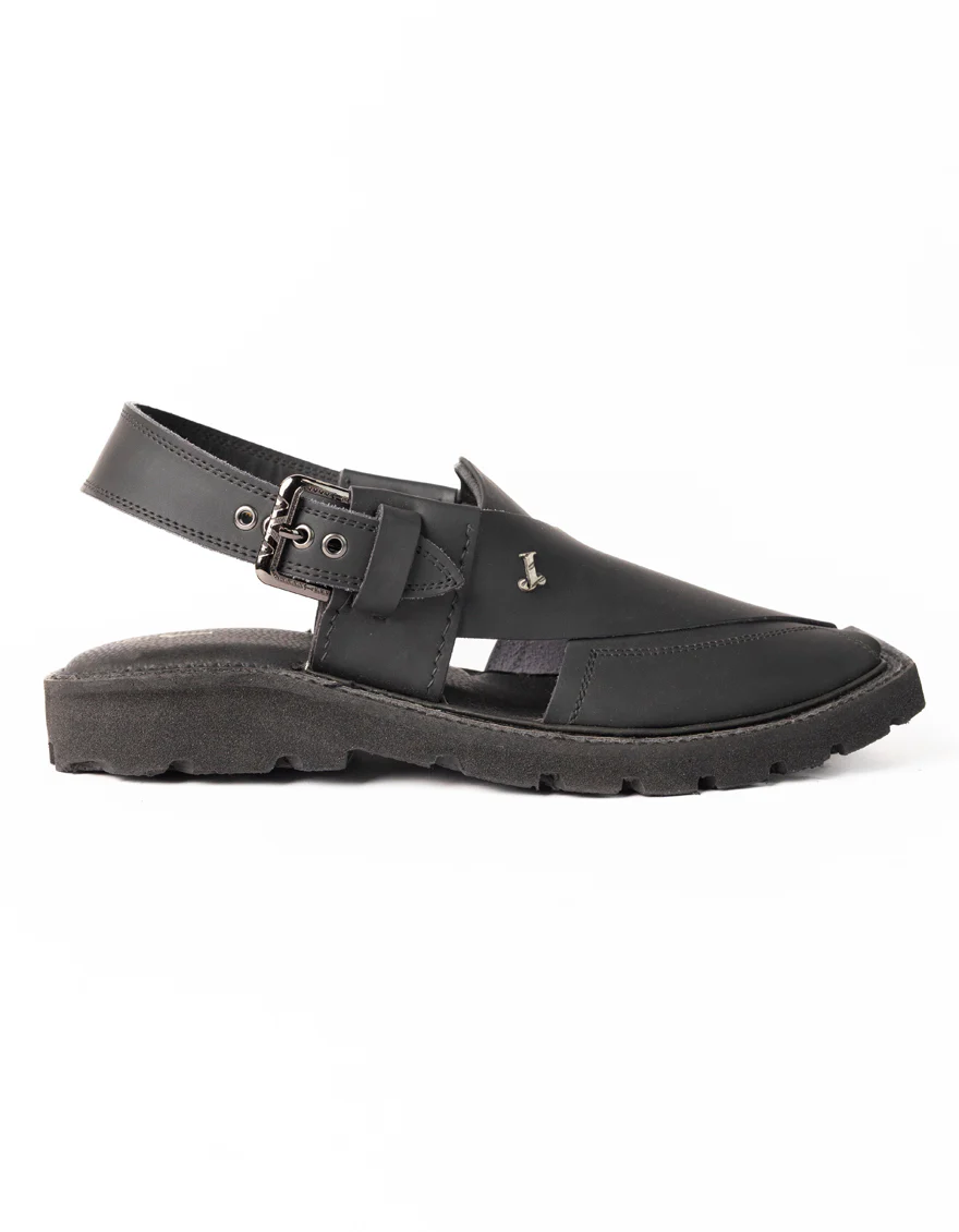 MATT BLACK PLAIN PESHAWARI SANDALS | JJFW-JPC-051-PU/S26-ZA-PLN - Image 3