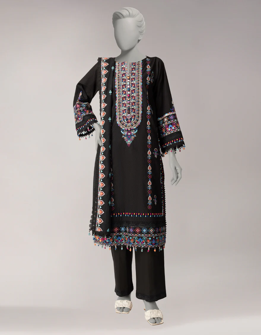 BLACK DORIA 3PC UNSTITCHED | JLAWN-S-26-3831 ZARDOZI-01
