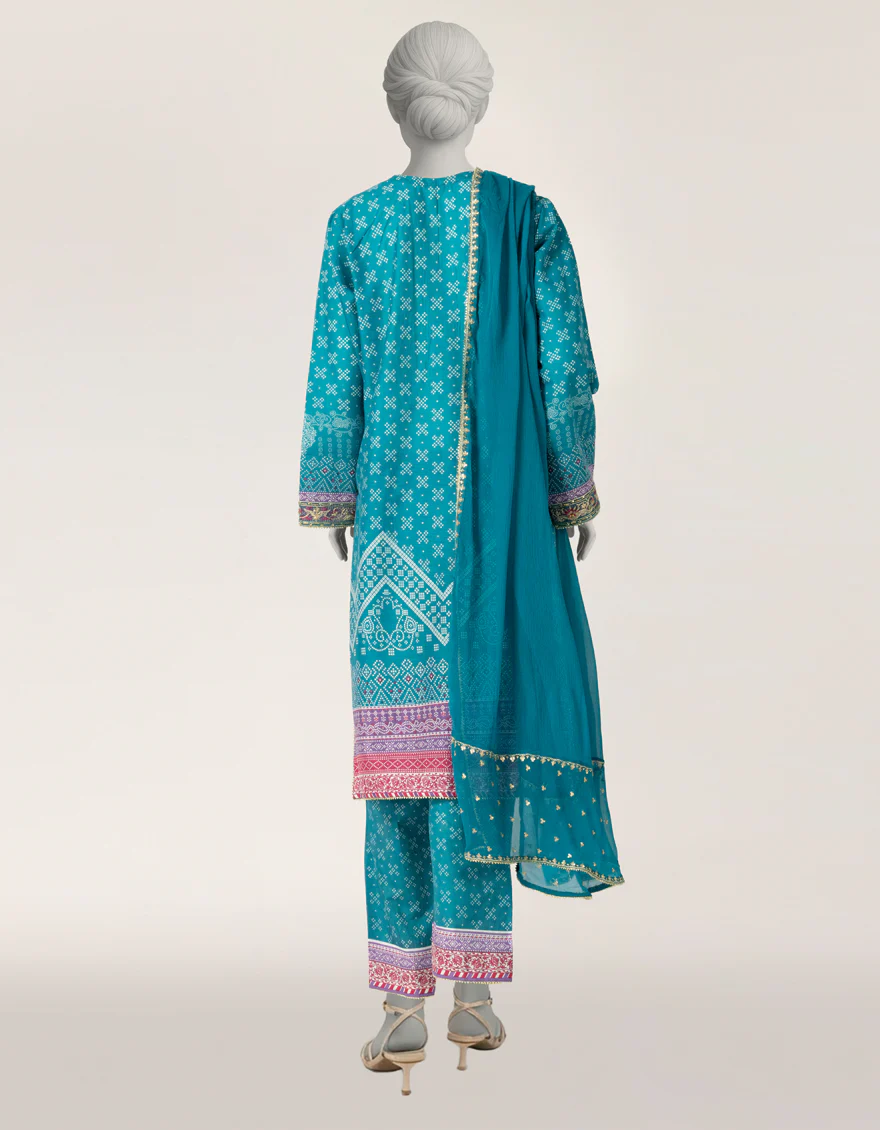 TEAL BLUE COTTON SILK 3PC STITCHED | JLAWN-S-26-552/S PRINT BLOCK-03 - Image 2