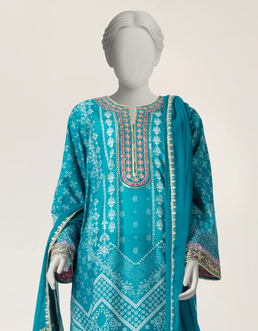 TEAL BLUE COTTON SILK 3PC STITCHED | JLAWN-S-26-552/S PRINT BLOCK-03 - Image 3