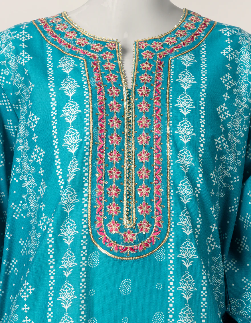 TEAL BLUE COTTON SILK 3PC STITCHED | JLAWN-S-26-552/S PRINT BLOCK-03 - Image 4