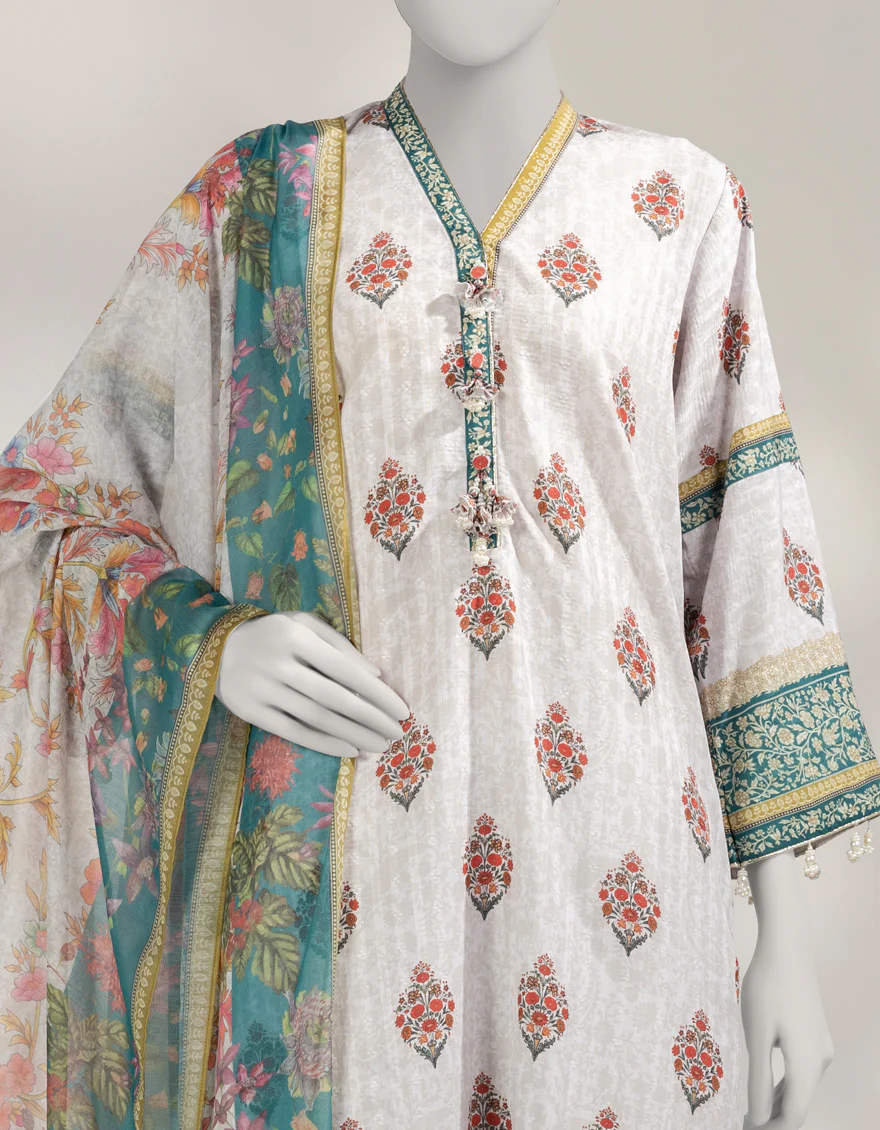 WHITE DOBBY 2PC UNSTITCHED | JLAWN-W-JDS-25-1196 FLORAL ART-2 - Image 3